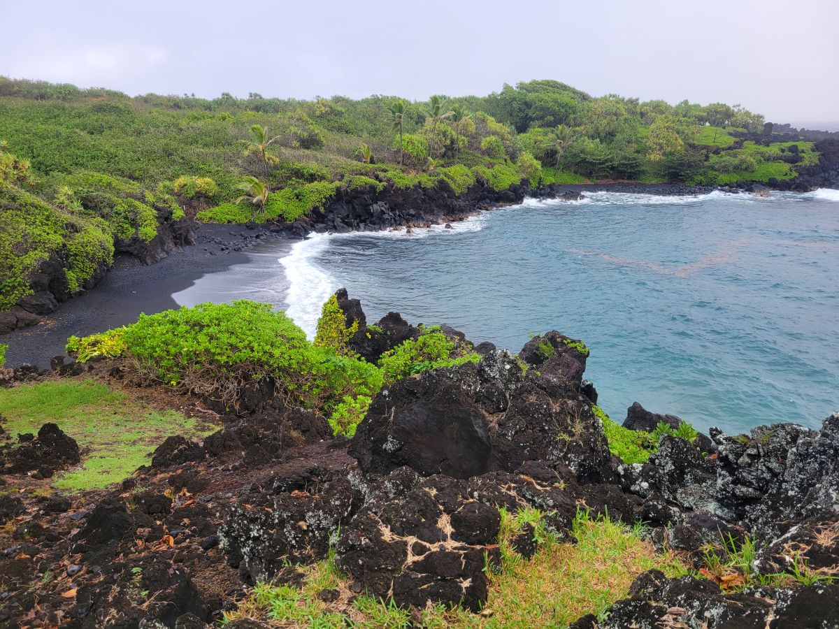 Waiʻanapanapa State Park black sand beach seen from above — black sand, turquoise water, lava rocks and green vegetation