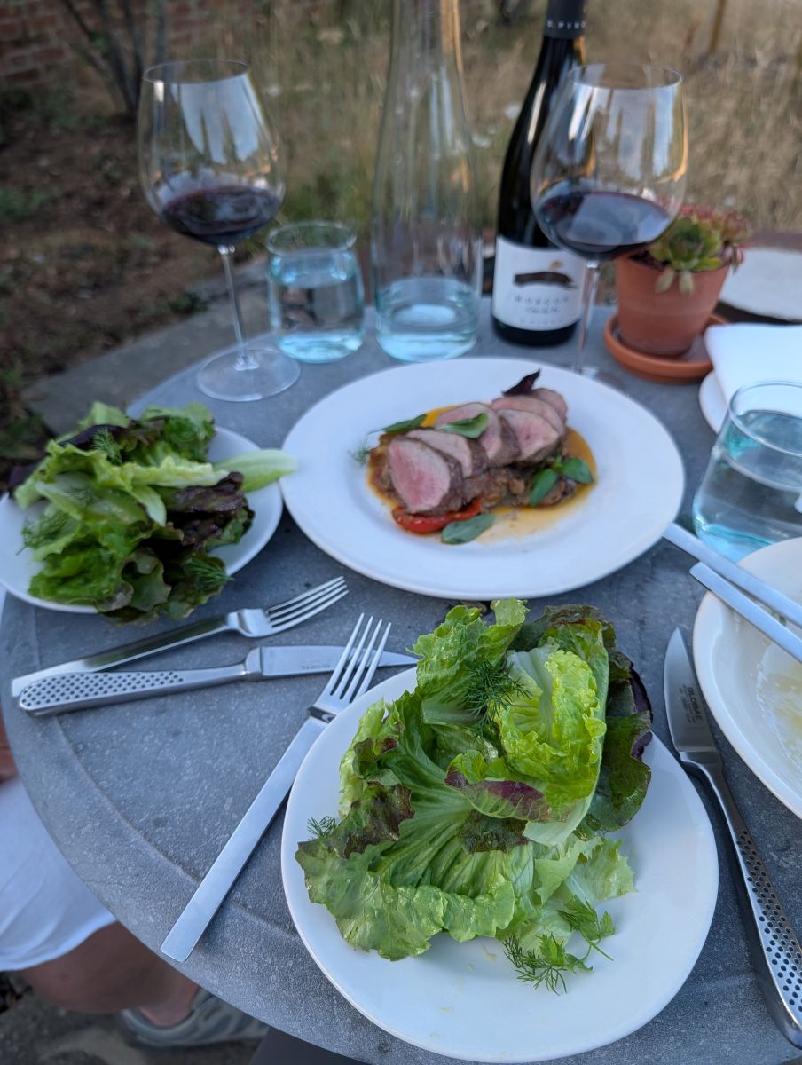 Dinner at Heckfield Place — sliced pork with figs on a white plate, garden salads in bowls alongside, two glasses of red wine and a bottle of Beaujolais on the stone table