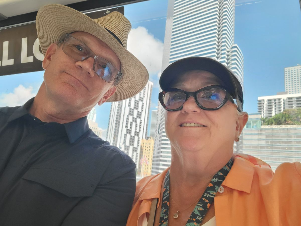 Keith and Shirley selfie on the ship deck as it departs Seattle