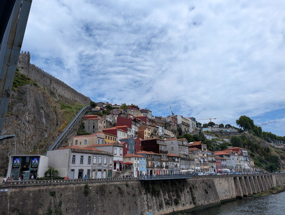 The Ribeira waterfront with colorful buildings and the Guindais funicular track climbing the hillside