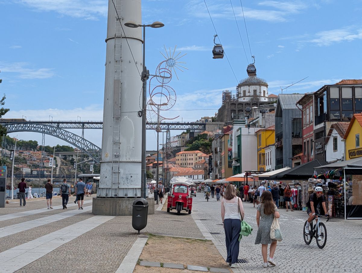 Cais da Ribeira promenade with Ponte Dom Luis I and the Teleférico de Gaia cable cars above